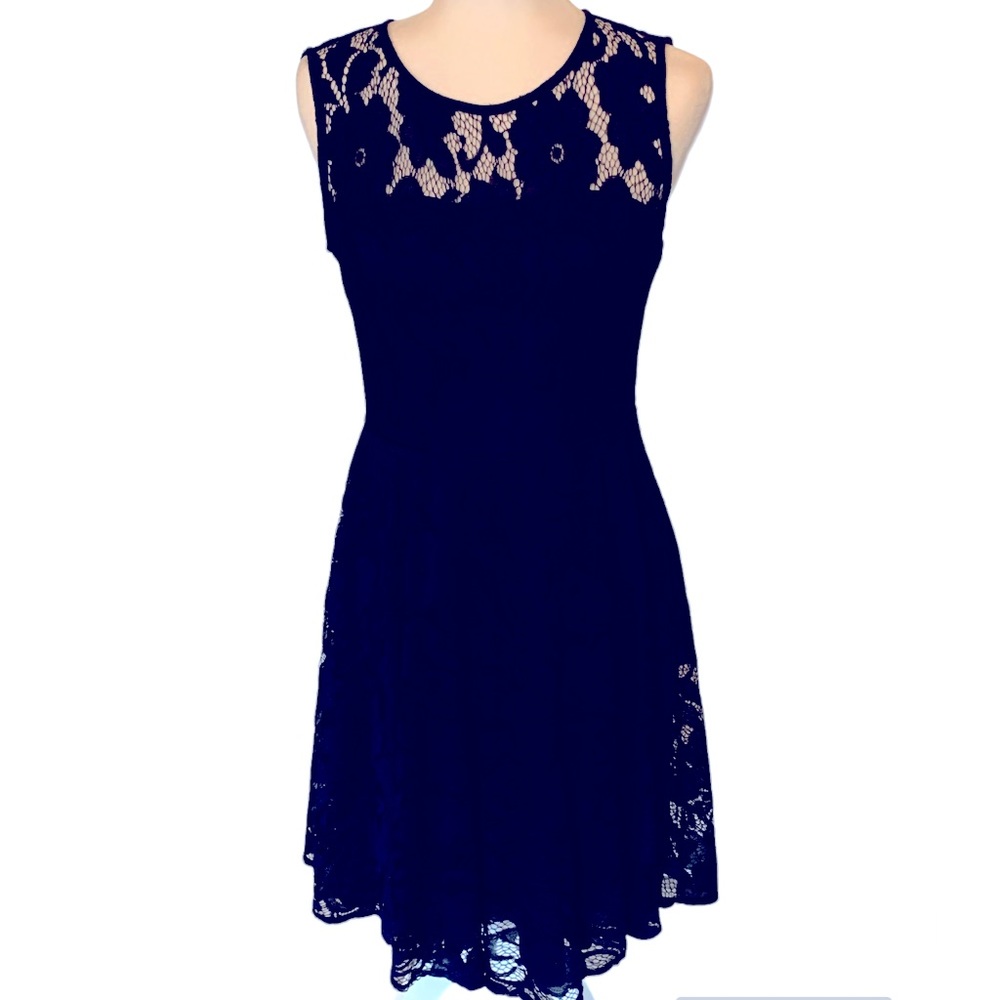 TAHARI Navy Lace Overlay Sleeveless Dress Size 6